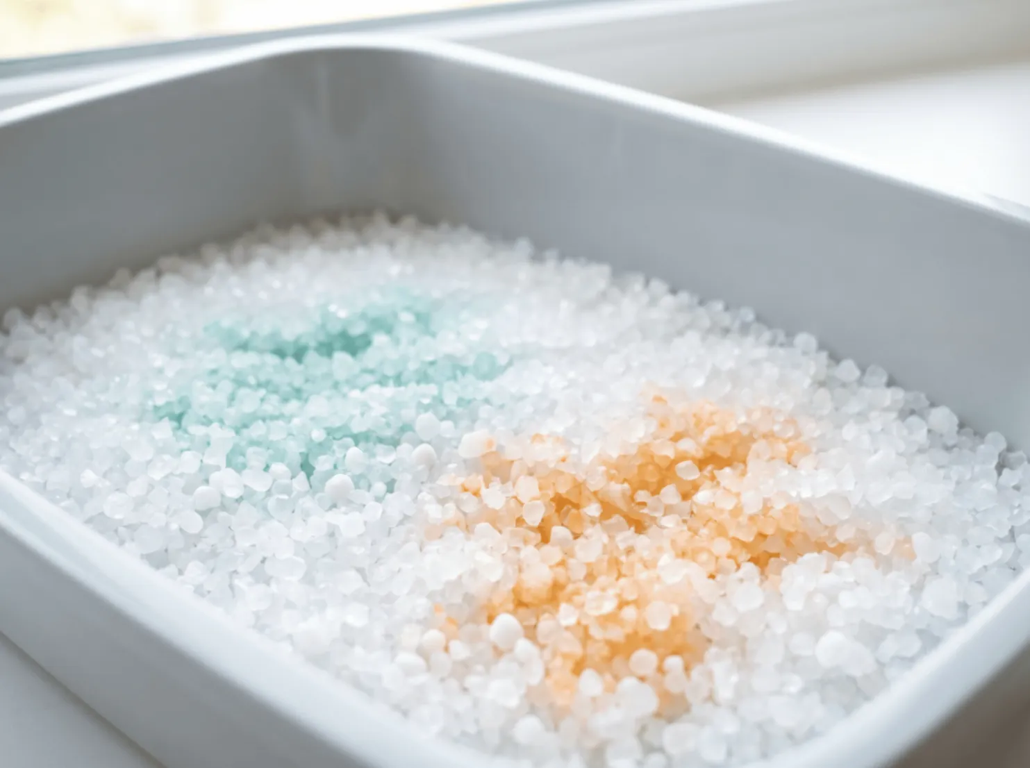 Kittydoctor silica crystals in a litter tray showing teal and orange colour-change indicators